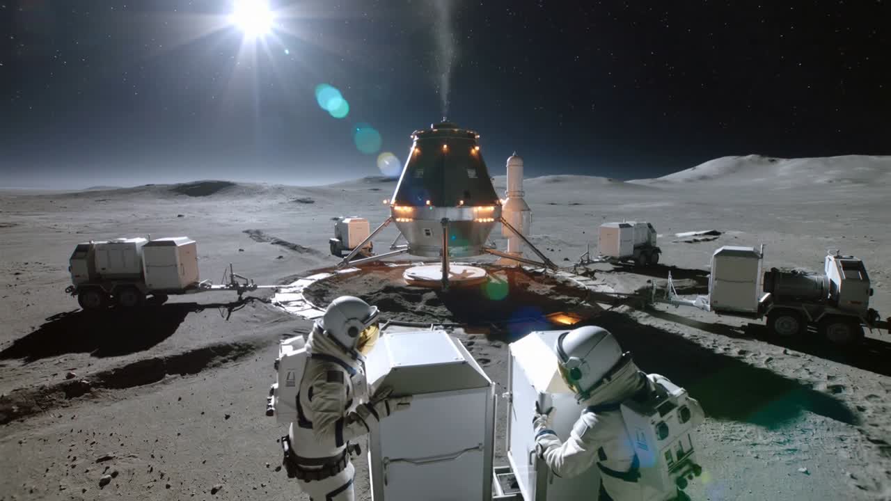 Después del aterrizaje del módulo, astronautas con traje aseguran contenedores de carga para descargar en la Luna, con rovers cercanos.