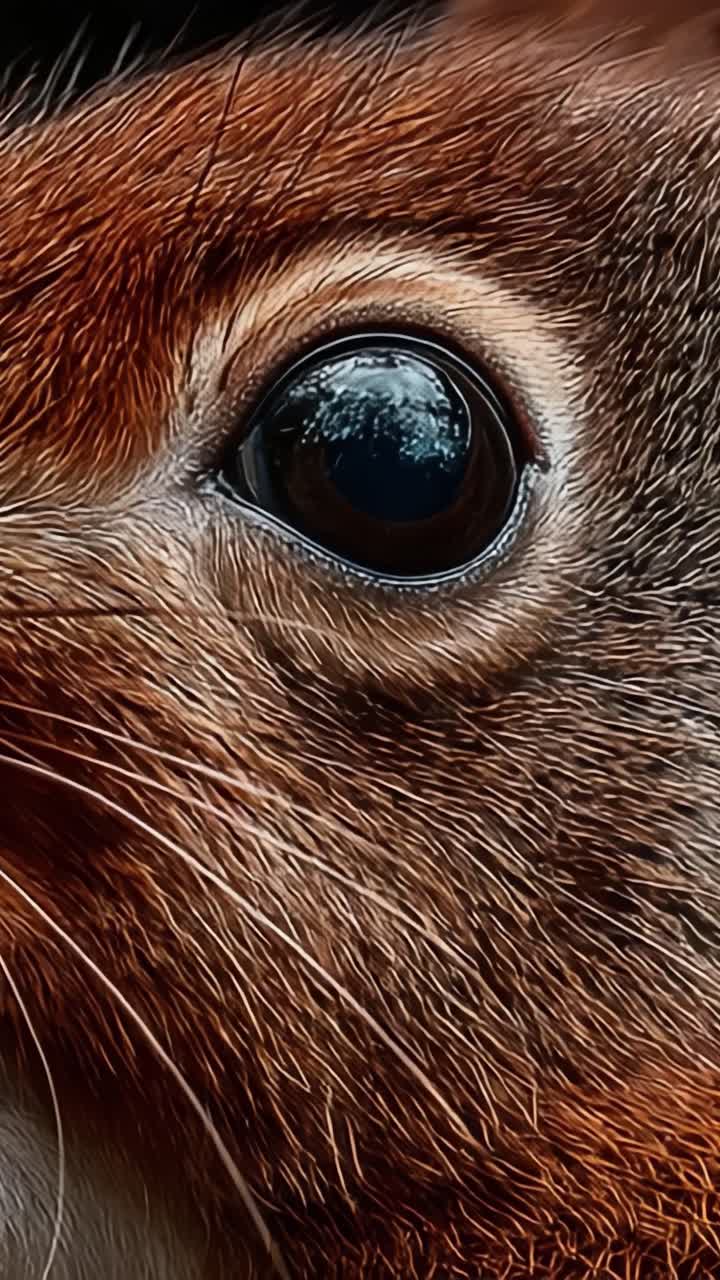 Una vista ravvicinata dell'occhio di uno scoiattolo, che mostra le complessità della sua pelliccia e i riflessi della natura circostante catturati con dettagli mozzafiato.