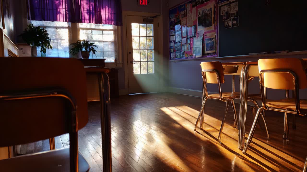 A Warm Sunbeam Illuminates an Empty Classroom: Transforming a Quiet Space with Gentle Light and Shadows on Wooden Floors Through the Doorway