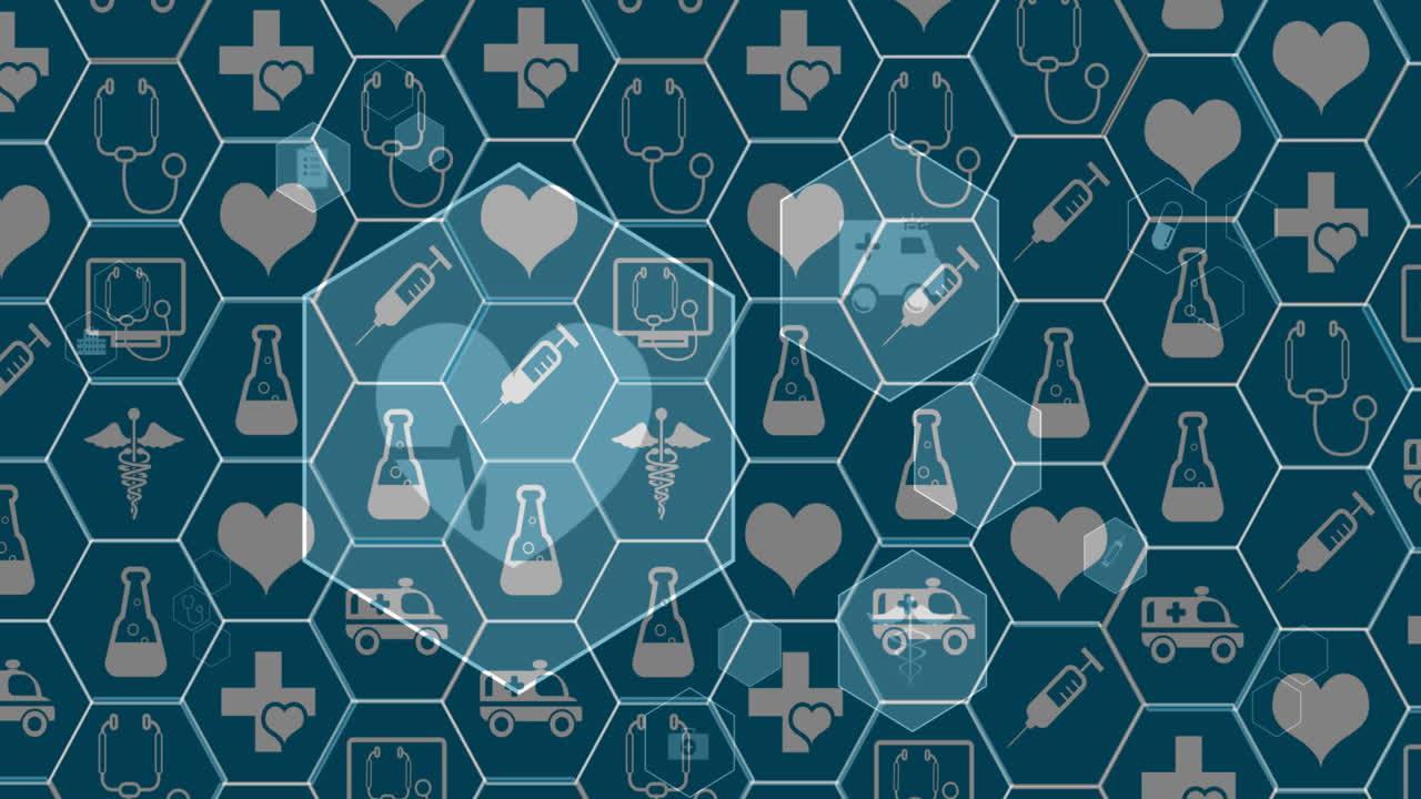 Animação de ícones médicos sobre fundo azul