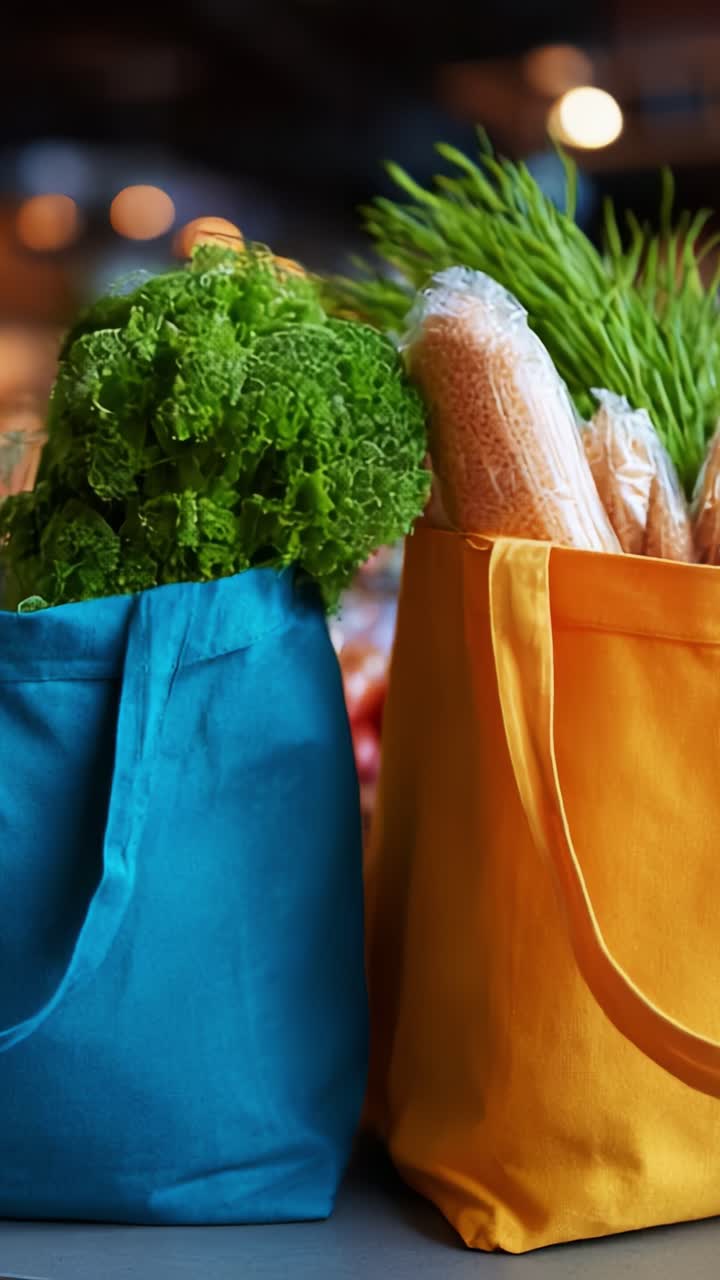 Fresh Vegetables and Breads Packed in Colorful Tote Bags, Showcasing Healthy Choices with Vibrant Greens and Warm Bread in a Market Setting