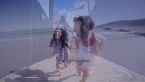 walking on beach, people with cityscape animation overlay and clear blue sky