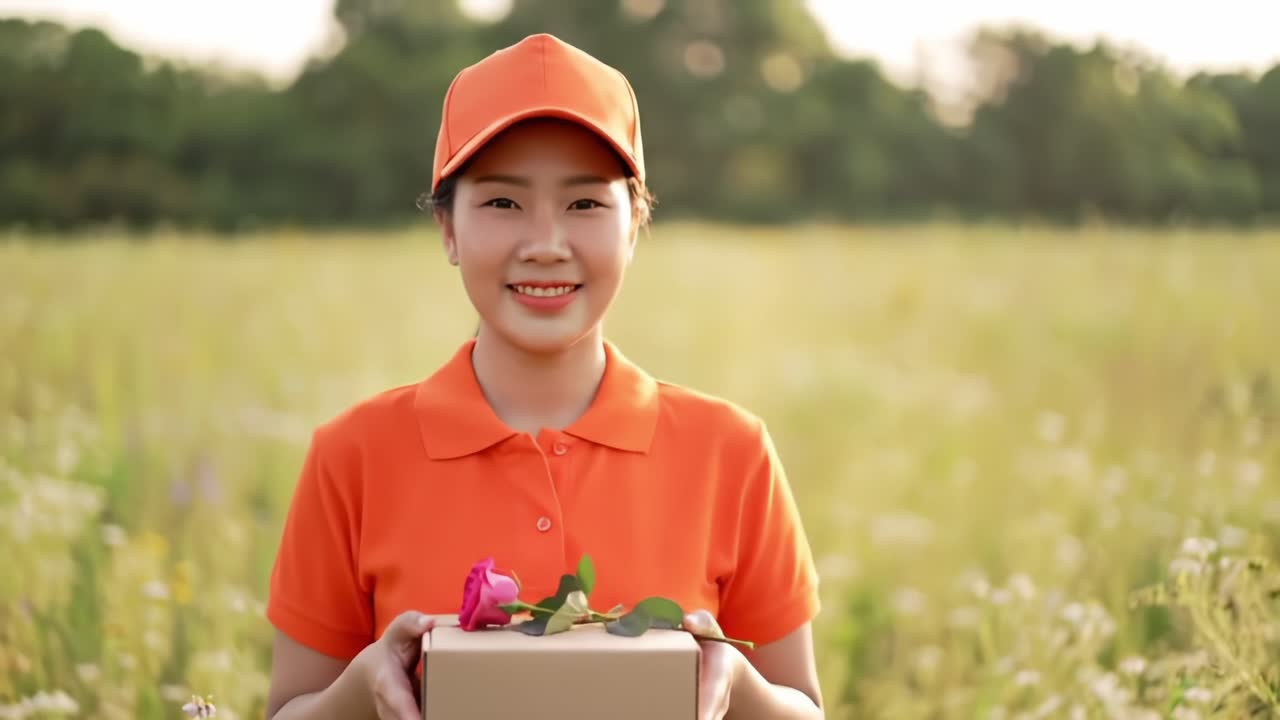 Smiling young woman in an orange outfit holding a box of flowers in a lush green field, radiating positivity and joy in a beautiful outdoor setting