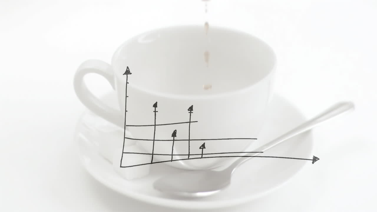 White ceramic coffee cup sitting on saucer showing rising graph arrows and dripping coffee drop