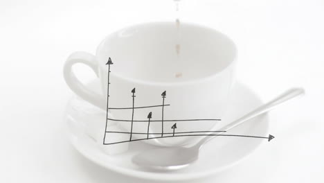white ceramic coffee cup sitting on saucer showing rising graph arrows and dripping coffee drop