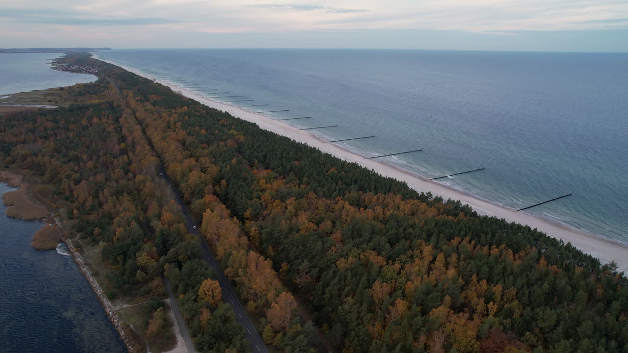 Road nestled between a colorful autumn forest and a serene coastline at dusk - Hel Peninsula