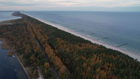 road nestled between a colorful autumn forest and a serene coastline at dusk - hel peninsula