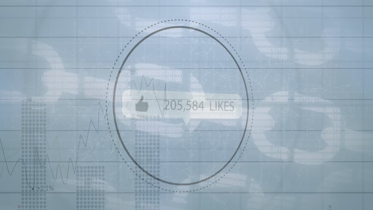 Thumbs up icon and increasing likes against statistical data processing on grey background