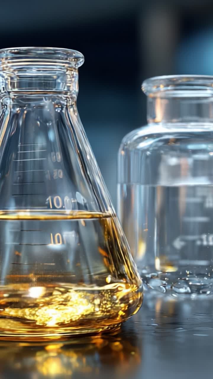 A Close-Up View of Laboratory Glassware: Showcasing an Erlenmeyer Flask with Golden Liquid and a Clear Beaker, Capturing the Essence of Scientific Experimentation and Chemistry