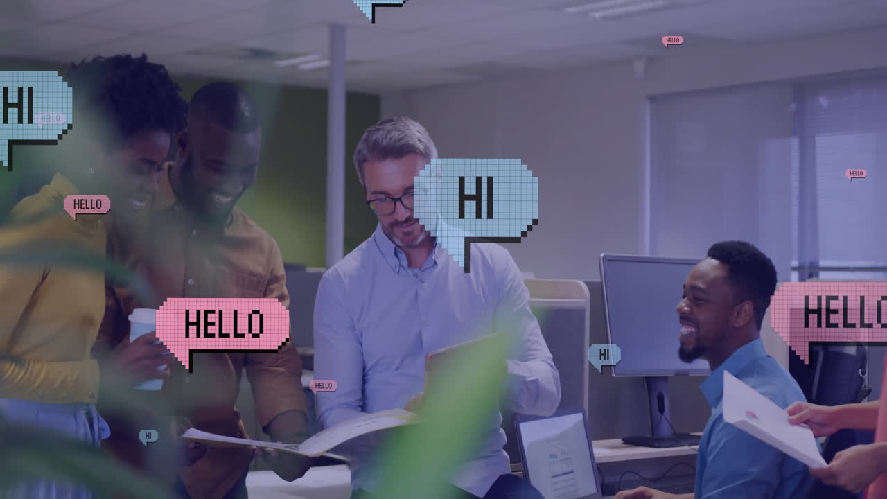 Animation of text and data processing over diverse business people in office
