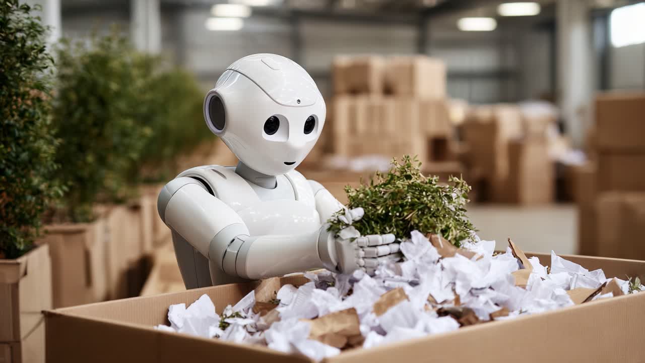 Un robot umanoide impegnato a prendersi cura delle piante in un magazzino pieno di scatole di cartone e rifiuti di carta accartocciata, che mostra l'intersezione tra tecnologia e natura