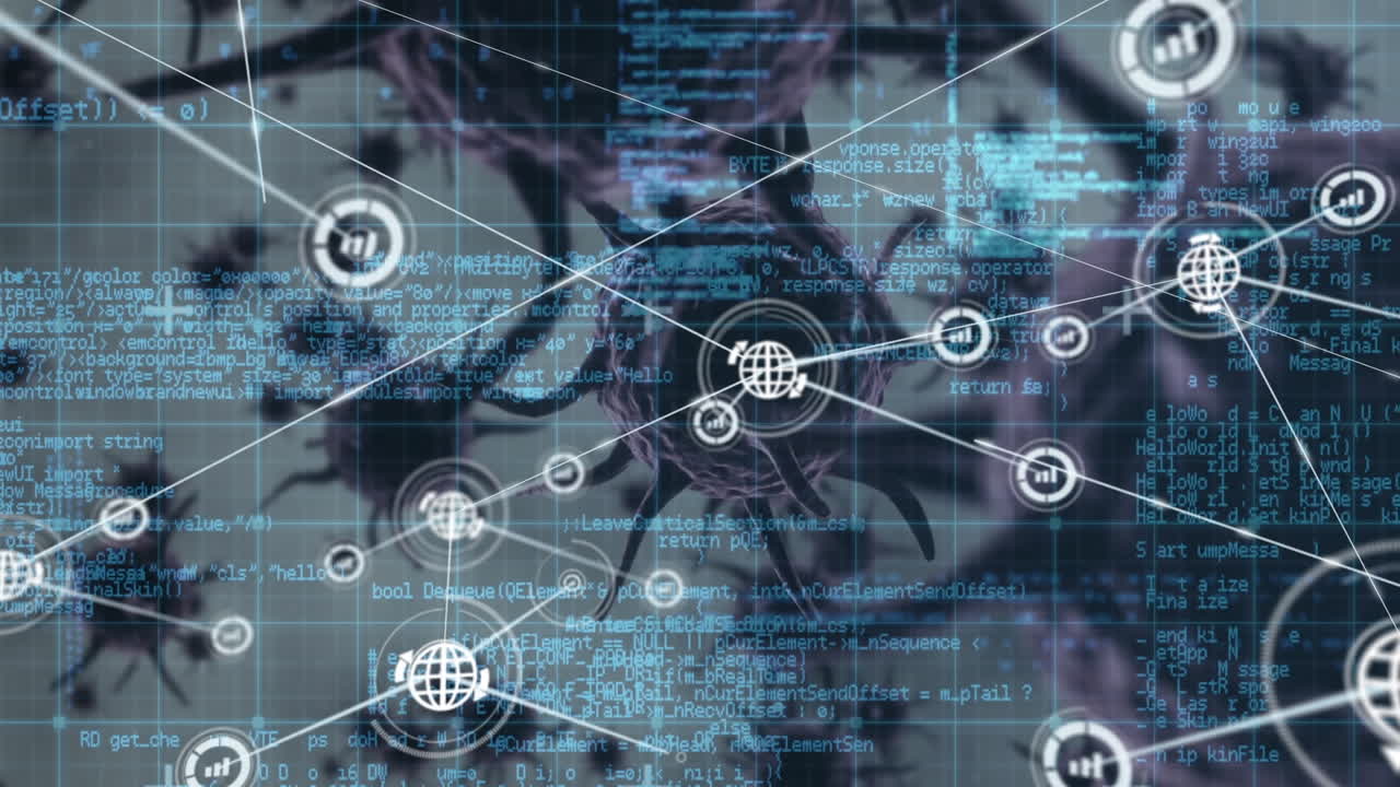 red de iconos digitales y procesamiento de datos contra múltiples células de covid-19 en fondo gris