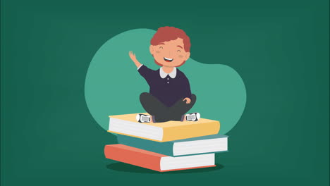 child sitting on books raising hand