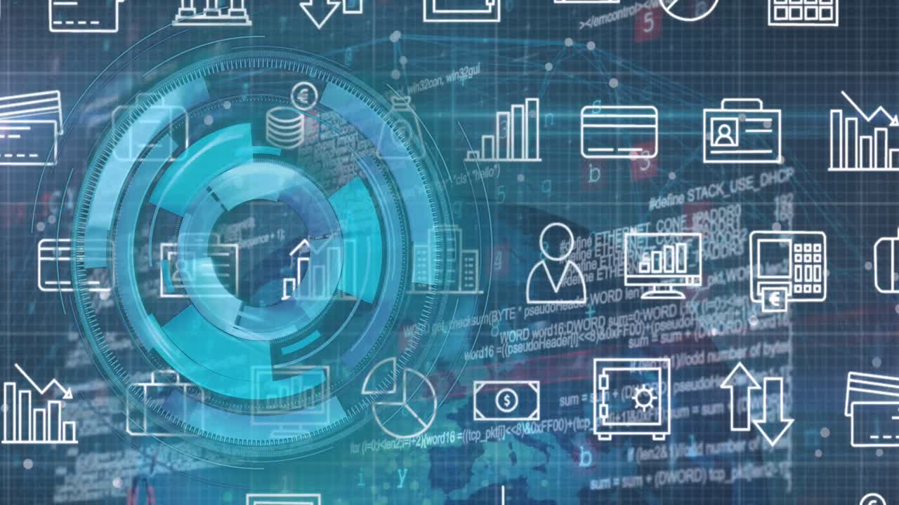 animación del escaneo del alcance, los iconos y el procesamiento de datos sobre fondo azul.