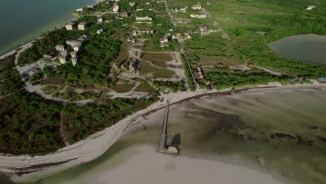 aerial shot of a small village revealing the beach and the sea