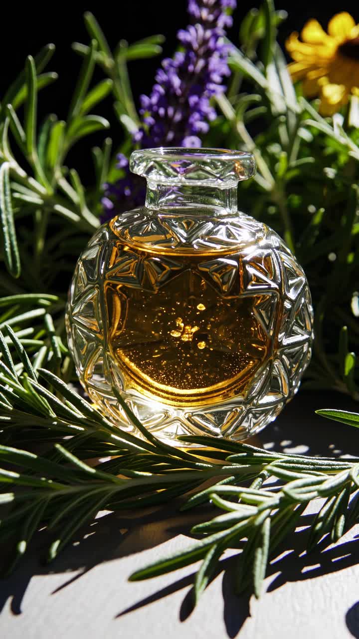 Close-up of a vintage perfume bottle surrounded by lavender and rosemary, captured in natural light