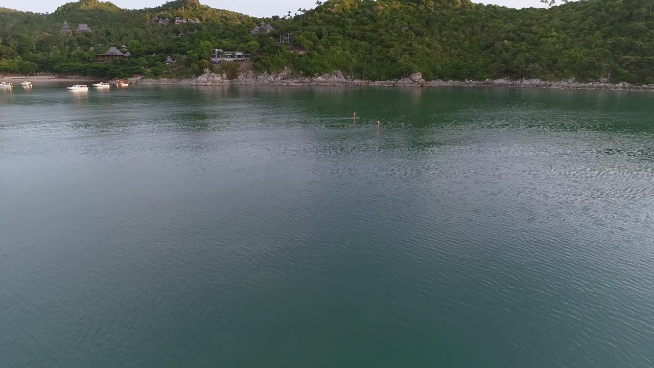Aerial view of people paddle boarding in the ocean