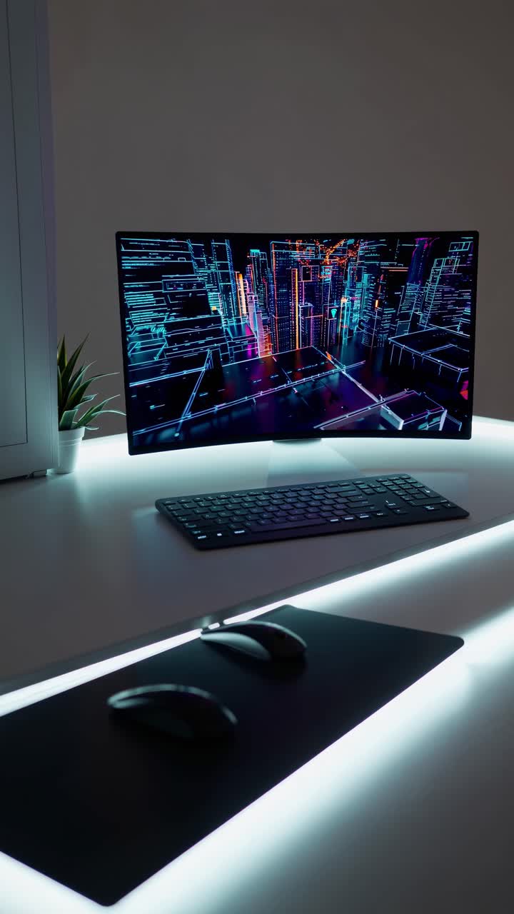 Spazio di lavoro futuristico con scrivania luminosa, computer e tastiera. Ripreso da una prospettiva bassa, perfetto