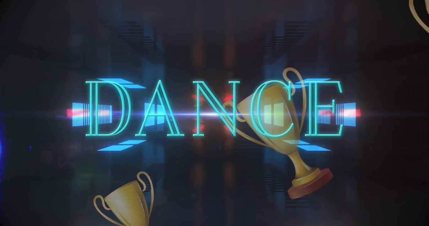 Animation af dans over digitalt rum med neonlys og former