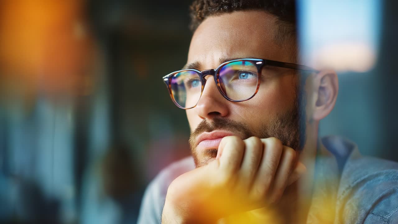 Contemplative Moment Captured: A Thoughtful Individual Gazes Through a Glass, Reflecting on Life and Thoughts. The Image Portrays Introspection and Deep Reflection in a Softly Lit Environment