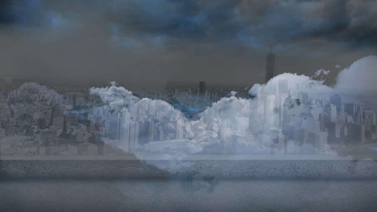 Animation of cityscape over clouds and shapes