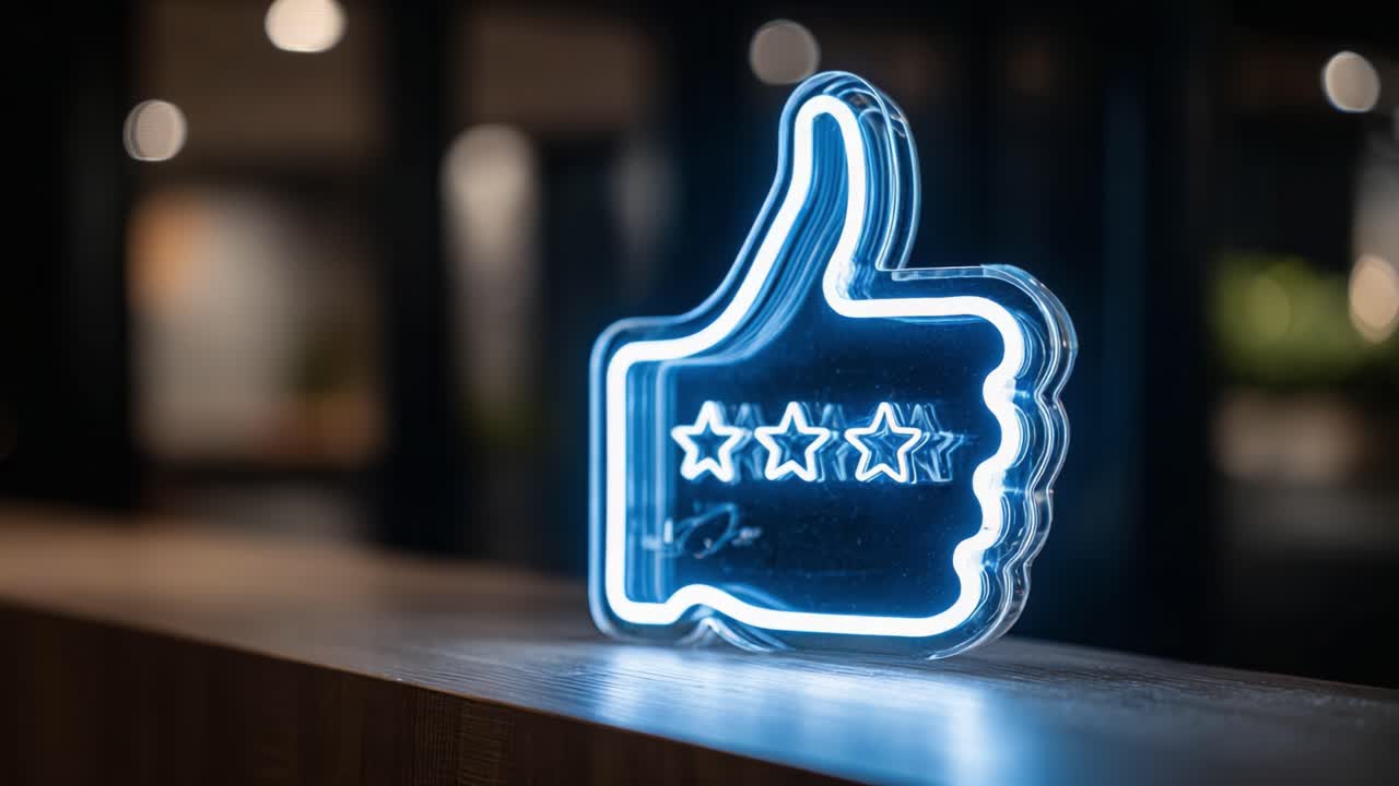 A Neon 'Like' Icon Illuminated at Night, Highlighting a Symbol of Approval with Three Stars in a Minimalist Setting, Perfect for Modern Digital Engagement