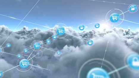 animation of network of connections with icons over clouds on sky