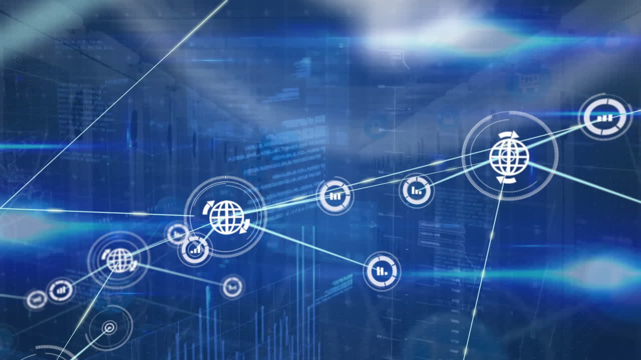 Animation of network of connections with icons and data processing over computer servers