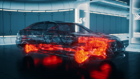 coche transparente con motor en el laboratorio