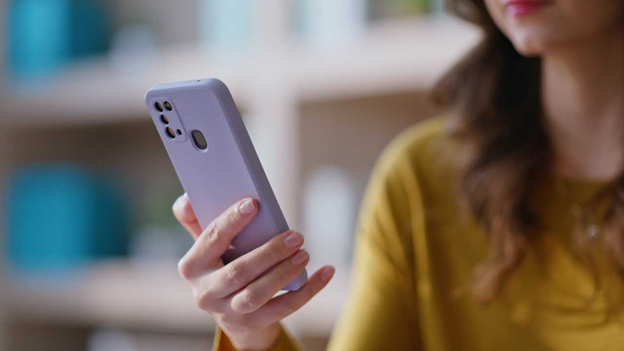 Manager hand touching cellphone screen making online order at office closeup