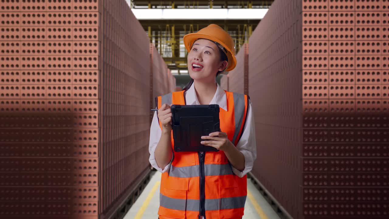 Asian Female Engineer With Safety Helmet Taking Note On The Tablet And Looking Around While Standing With Red Brick Packed in Stacks Are Stored