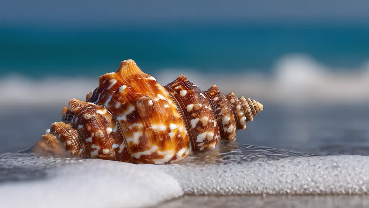 A Stunning Close-Up of a Beautiful Seashell on the Shore, Capturing the Intricate Patterns and Textures of Nature by the Seaside