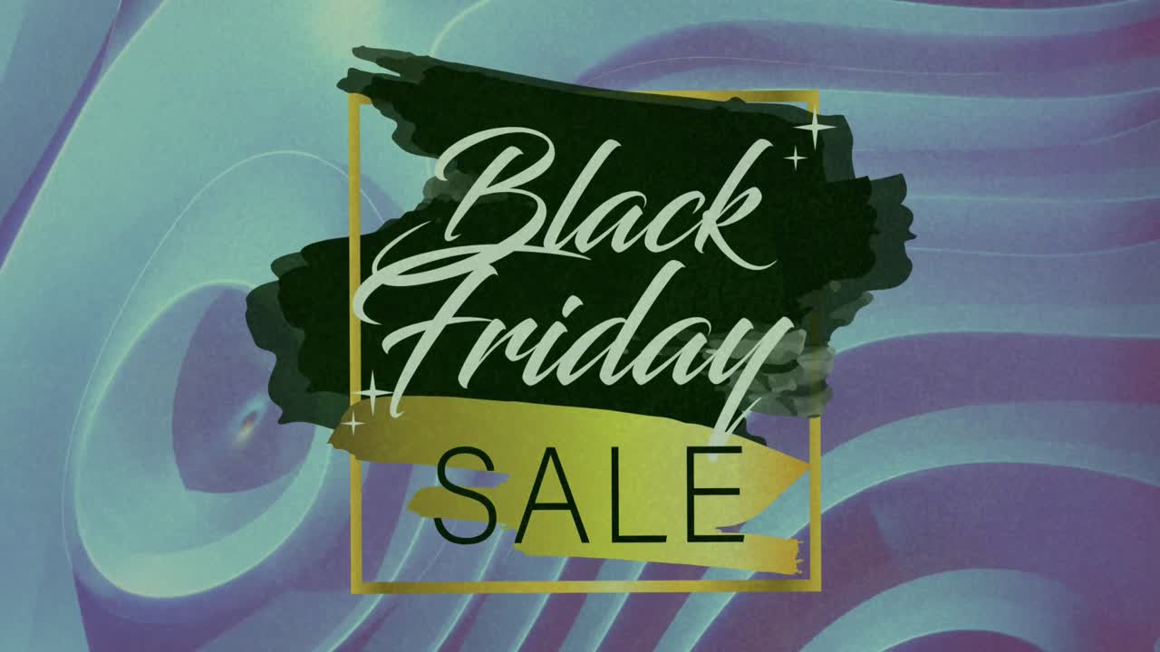 Animazione digitale di un banner testuale "Saldi Black Friday" su un effetto ondulato texturizzato su sfondo blu.