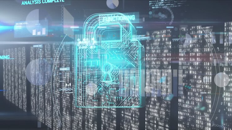 Animation of online security padlock, data processing over computer servers in background