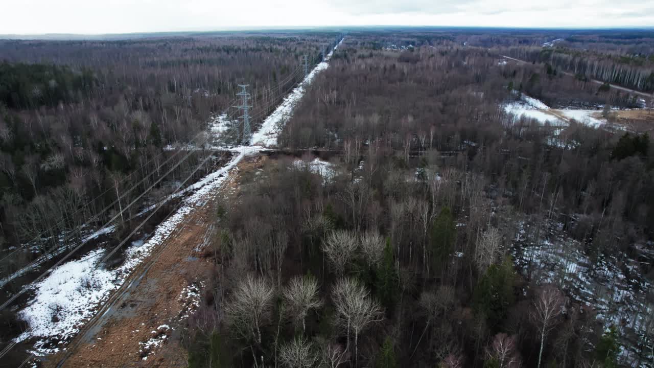 Power lines in the autumn snowy forest. environmental problem concept