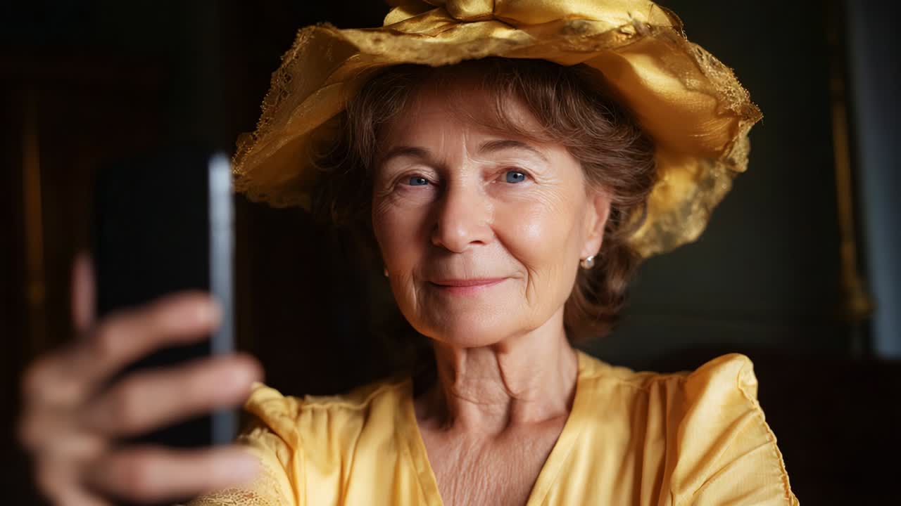 Un'elegante signora con un cappello giallo che si fa un selfie: immortala un momento di gioia con uno smartphone, mettendo in mostra un abbigliamento elegante e un sorriso caloroso, il tutto sullo sfondo di uno spazio senza tempo e delicatamente illuminato
