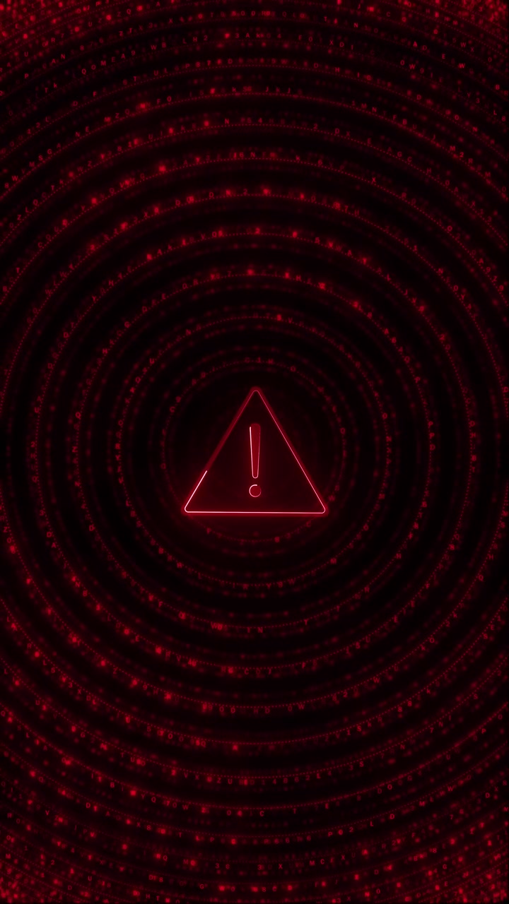 Red matrix warning tunnel background with circular code rings hidden alert triangle and dark cyber