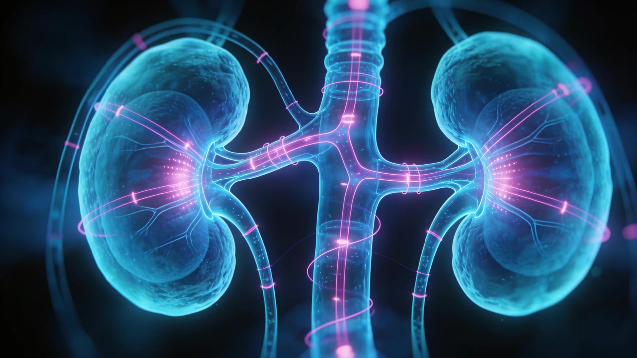 Pulsing renal anatomy sending magenta waves down central vessel into kidneys, lighting nephron dots
