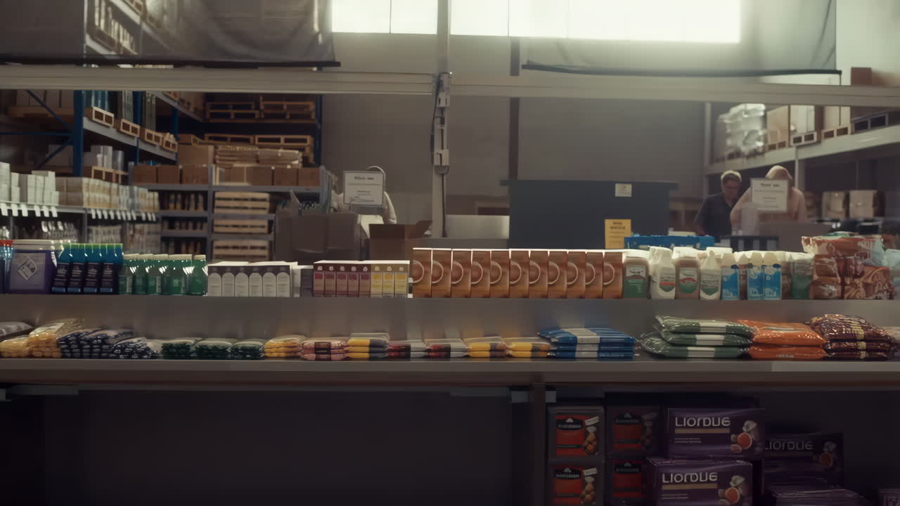Warehouse Interior with Stocked Shelves and Workers