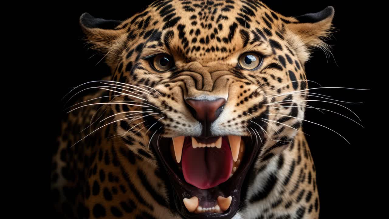 Close-up video still of a leopard against a black background, capturing intense gaze and detailed