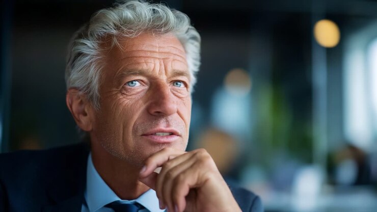 A contemplative man with silver hair and blue eyes ponders thoughtfully, showcasing a range of emotions in a modern, well-lit setting, highlighting introspection