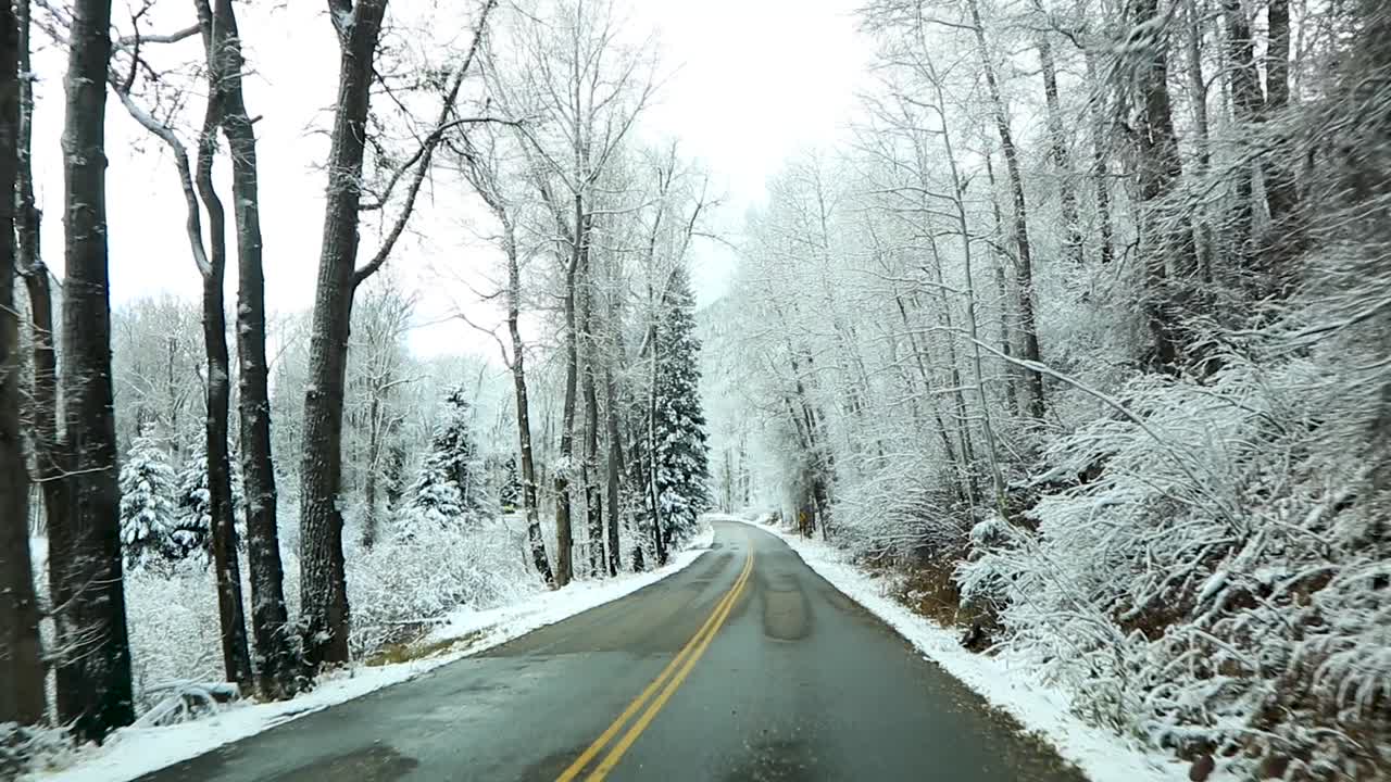 Vehicle point of view driving through beautiful winter scenery of trees covered in thick layer of hoar frost and fresh snow