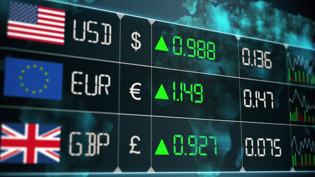 영국 파운드, 유로, 미국 달러의 상승과 하락과 함께 세계 시장에서 통화의 진화. 금융 및 경제 위기의 가격의 녹색과 빨간색 디지털 애니메이션으로 통화 시장