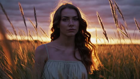 beautiful woman in a wheat field at sunset
