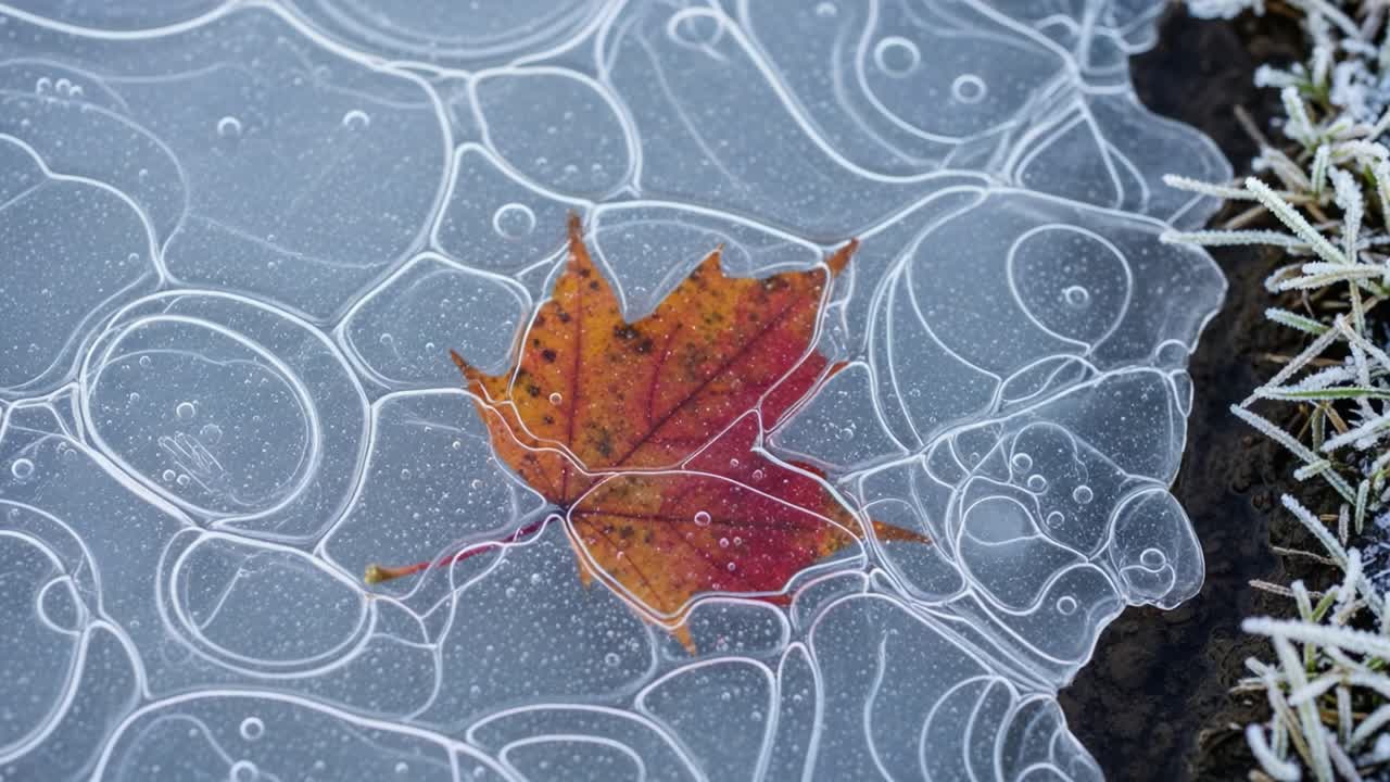 Delicate Autumn Leaf Captured in Frosted Ice, Showcasing Nature's Beauty Through the Intricate Patterns of Frozen Bubbles and Subtle Color Contrasts