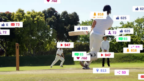 jugadores de cricket en el campo con animación de participación en las redes sociales superpuesta