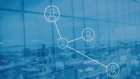 animation of network of profile icons against view of cityscape from office building