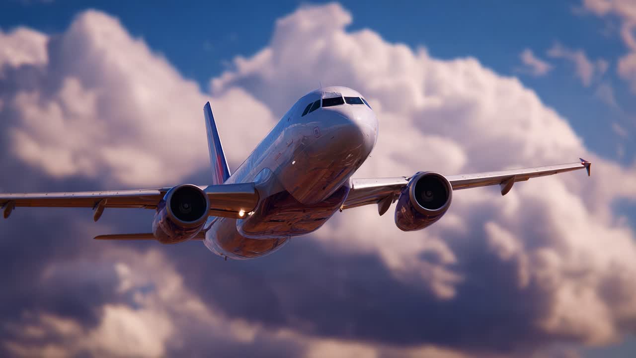 Una rappresentazione accattivante di un aeroplano che vola attraverso un cielo visivamente mozzafiato, pieno di nuvole vivaci, che mette in mostra la bellezza dell'aviazione e le dinamiche di volo