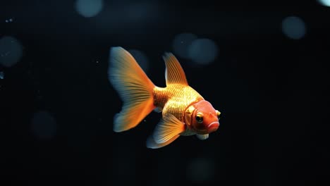 goldfish swim elegantly in tank. a vibrant goldfish glides through clear water, surrounded by bubbles and softly glimmering light.