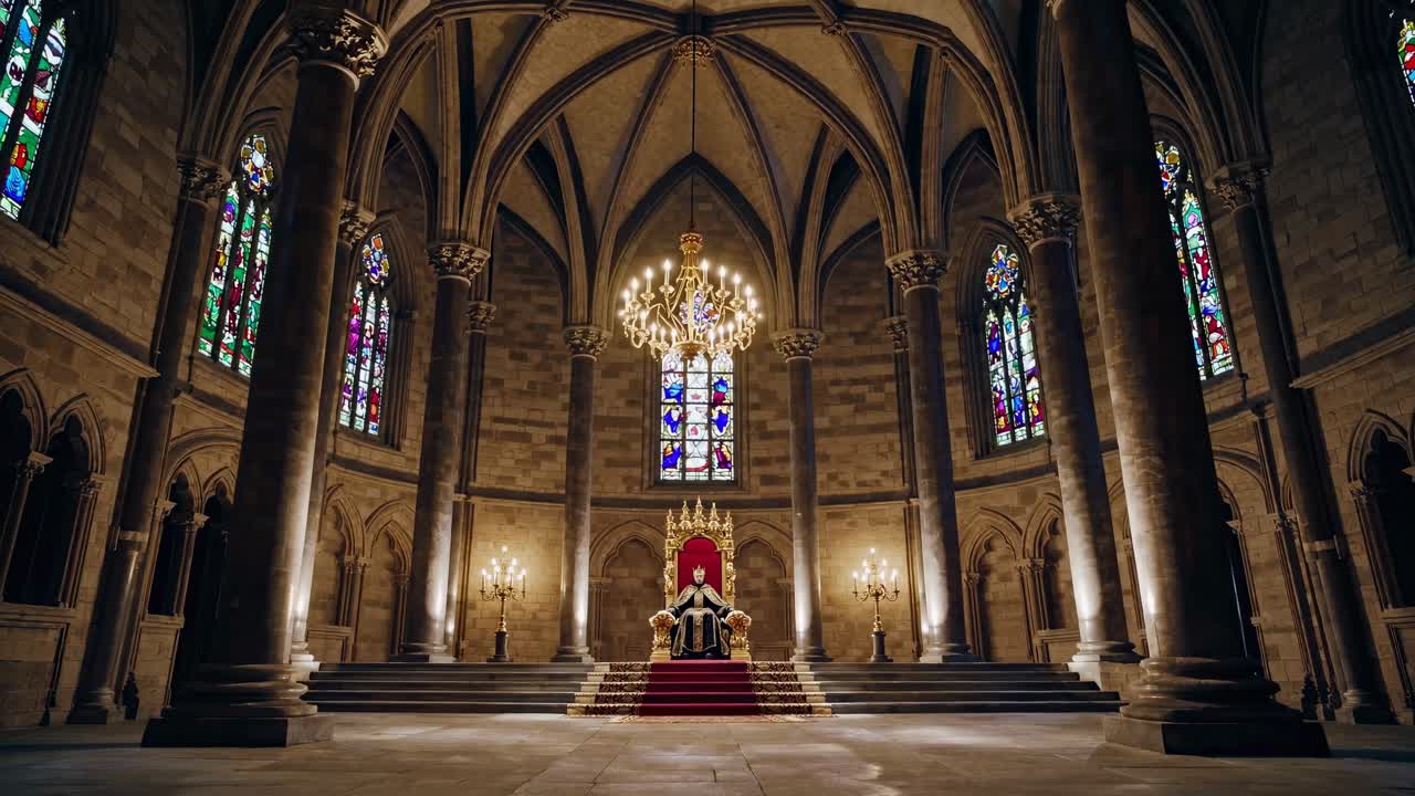 Wide-angle video shot of a grand cathedral interior, showcasing Gothic architecture, stained glass